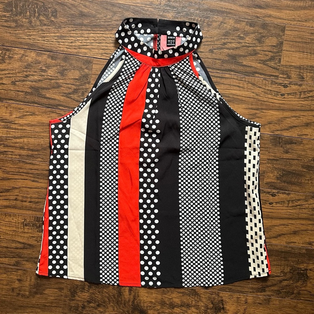 SHEIN Striped and Polka Dot Halter Top - Black, Orange, White (Size S)